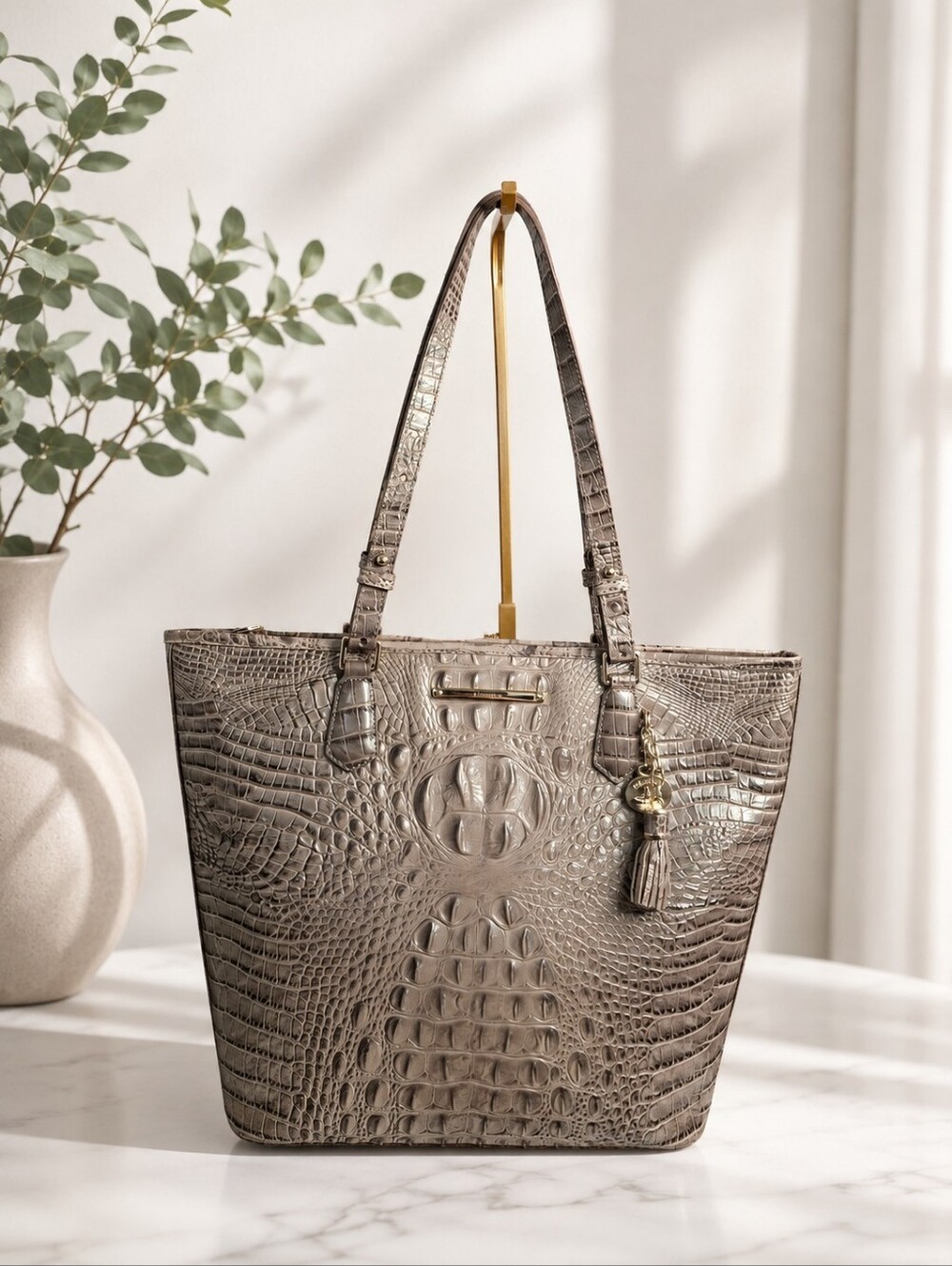 Brahmin Asher Large Melbourne Metallic Taupe Croc Leather Tote EUC